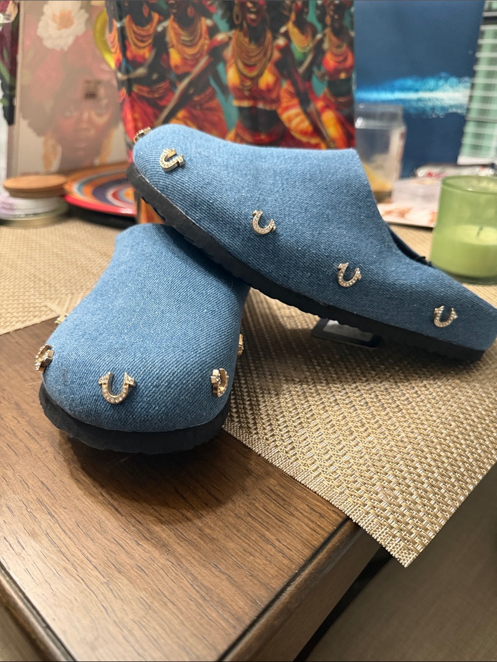 True Religion Denim Blue Slip-On Mules with Horseshoe Studs